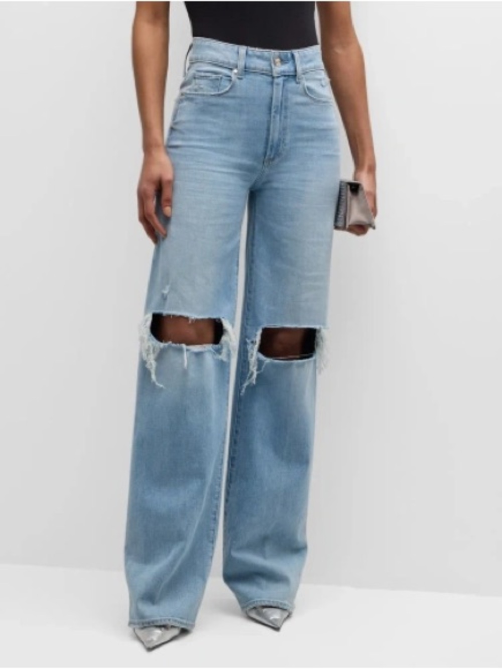 Paige "Sasha" Wide-Leg Distressed Jeans, Light Wash (Maeve), Sz 29